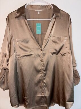 Maurices Shiny Satin Button-Up Blouse in Taupe